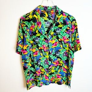 Vintage | 1990's Ann May 100% Silk Tropical Parrot  Toucan Print Blouse
